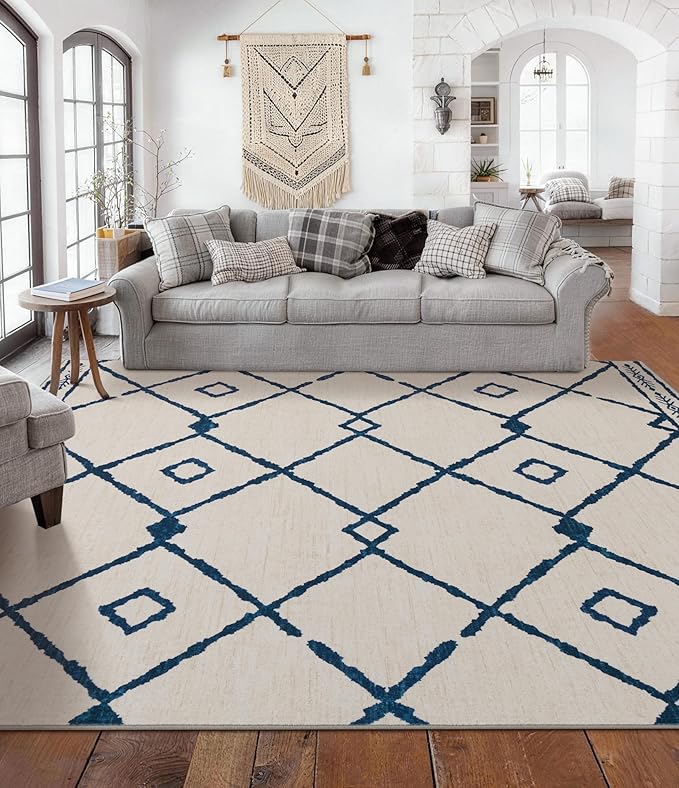 YIHOUSE Boho Rugs for Living Room, 8x10 Western Beige and Blue Area Rug, Moroccan Geometric Soft Low-Pile Washable Rugs for Bedroom, Dining Room
