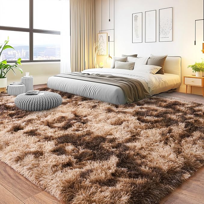Pionblank 8x10 Rug for Living Room, Fuzzy Plush Large Area Rug Brown, Fluffy Modern Shag Non Slip Soft Furry Carpet for Bedroom Kids Room Nursery Teens Dorm Home, Tie-Dyed Coffee