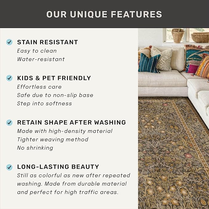 Hazo Haus Non Slip 2x10 Gold Brown Hallway Runner - 10ft Long Runner Rugs, Washable Kitchen Floor Mat - Vintage Floral Design Décor
