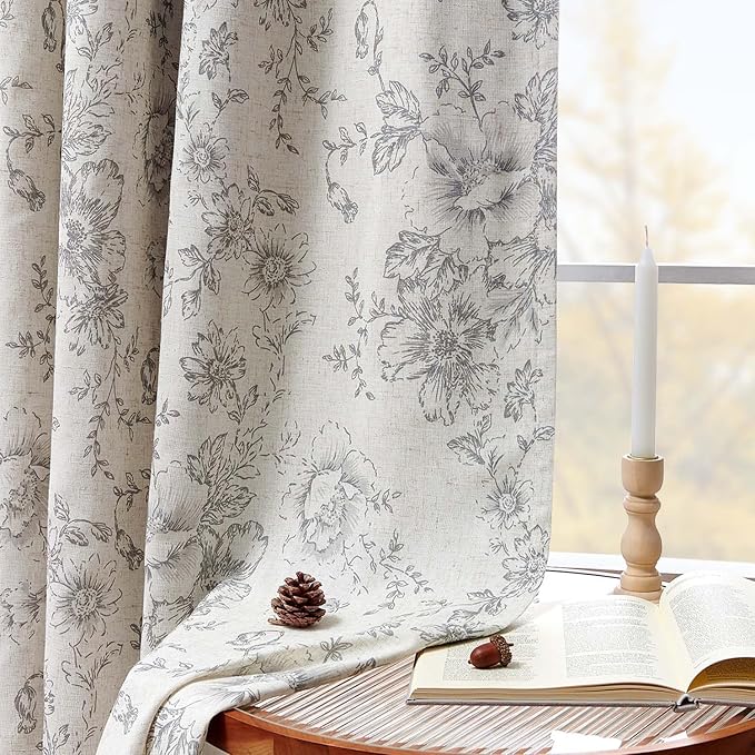 jinchan Blackout Floral Curtains for Living Room Bedroom Linen Blend Curtain Farmhouse Grey Printed with Lined Back Tab Rod Pocket Drapes Window Treatments 2 Panels 84 Inch Gray