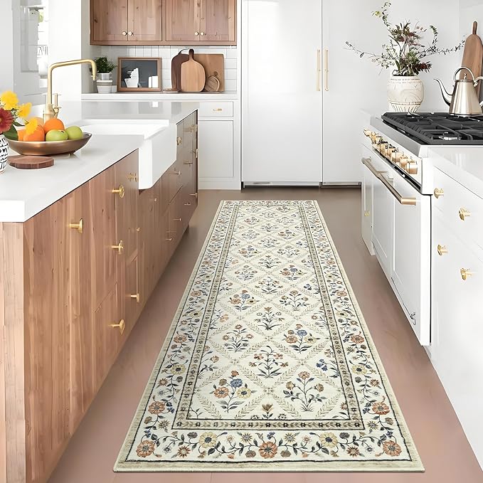 Runner Rug for Hallway Entryway 2.5x8 Farmhouse Floral Non-Slip Machine Washable Kitchen Rug Runner Non-Shedding Low-Pile Soft Long Carpet for Entrance Laundry Room Beige