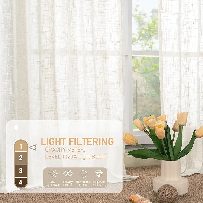 LAMIT Cream Linen Curtains 24 Inch Length, Semi Sheer Light Filtering Window Panels Back Tab and Rod Pocket Drapes for Kitchen/Small Windows, 25 x 24 Inch, 2 Panels