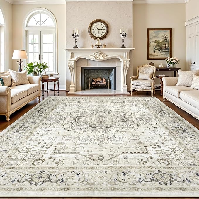 Lofus 8x10 Area Rugs for Living Room, Washable Area Rug, Rugs for Bedroom, Kitchen, Vintage Boho Carpet, Soft Non-Slip, Low Pile Large Area Rug for Office Dining Room, Beige and Brown