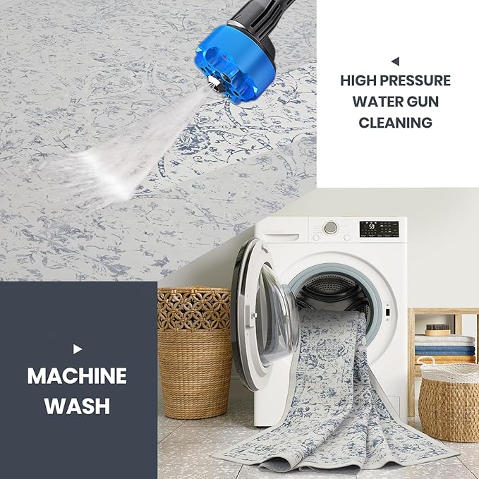 Washable Rugs 8x10 Area Rugs for Living Room- Large Vintage Rugs for Bedroom,Dining Room,Ultra Soft Low Pile Foldable Carpet with Non Slip Rubber Backing,Neutral Accent Rug(White-Blue)