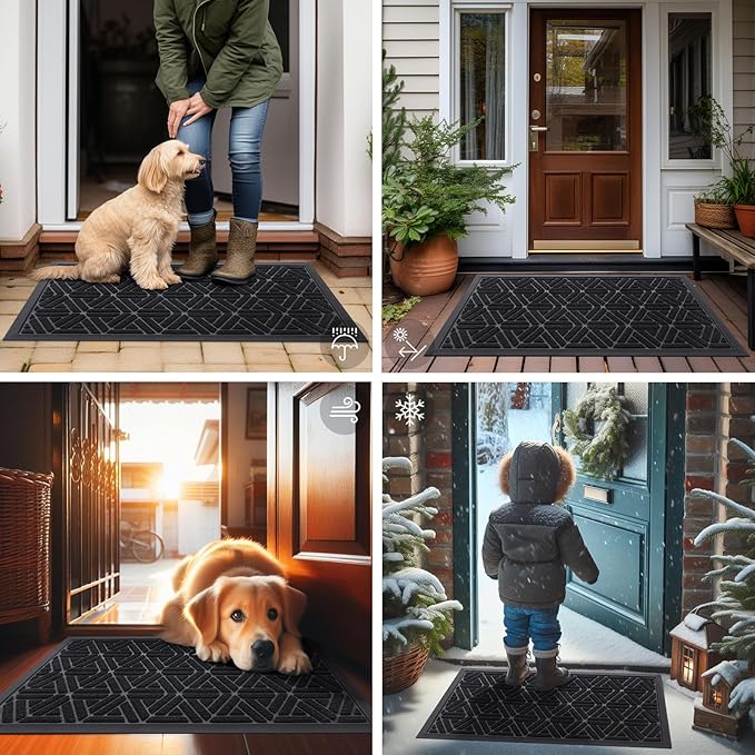 Smiry Front Door Mat Outside Entrance, Heavy Duty Sturdy Natural Rubber Doormat, Trap Dirt and Moisture, Easy Clean Low Profile Mats for Indoor Outdoor Entry, Grid Geometric (47x23, Black)
