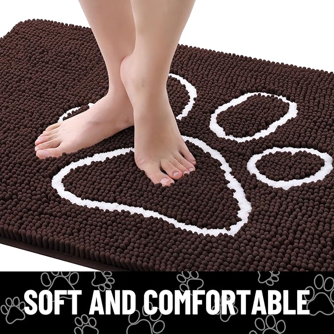 Smiry Dog Door Mat for Muddy Paws, Absorbent Dirt Trapper Non Slip Quick Dry Washable Chenille Mat for Mud Dogs, Entry Rug for Indoor and Outdoor (40x24 Inches, Brown and White)