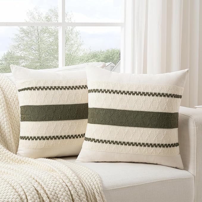 Fancy Homi Set of 1 Boho Olive Green Decorative Throw Pillow Cover 16x16 Inch for Couch Bed Sofa, Aesthetic Modern Organic Farmhouse Home Decor, Soft Cotton Cute Accent Macrame Woven Cushion Case