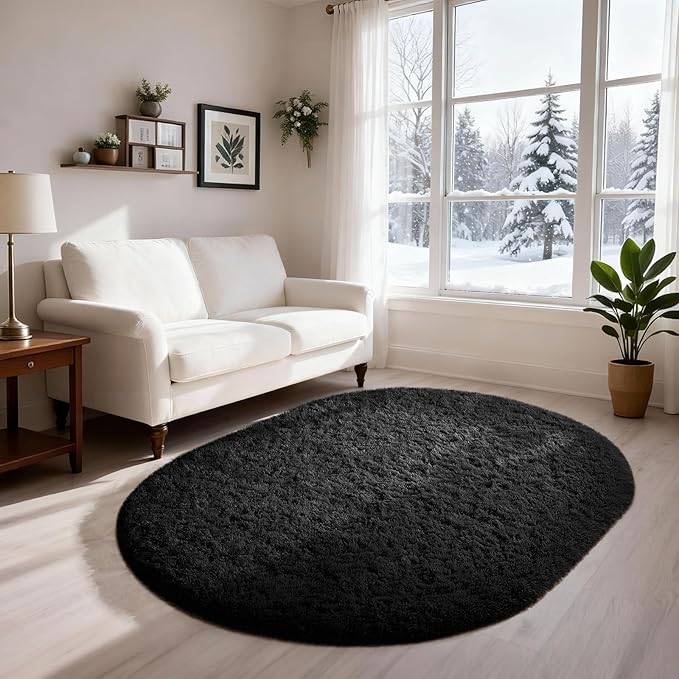 Ophanie 3x5 Oval Black Rugs for College Dorm, Bedroom Small Area Rug, Non-Slip Fluffy Shaggy Bedside Soft Shag Fuzzy Plush Carpet for Kids Boys Teen Home Decor Aesthetic, Nursery
