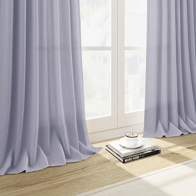Nanspring Lavender Purple Linen Curtains 96 Inches Long for Living Room Boho Decor Light Filtering Semi Sheer Curtain Back Tab Rod Pocket Modern Luxury Drapes for Bedroom Office 52x96, 2 Panels