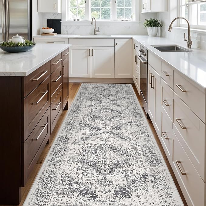 4x10 Washable Hallway Runner Rug - Wide Kitchen Runners Vintage Low Pile Carpet Soft Thin Floor Runner with Rubber Backing for Entryway Bedroom Living Room Home Decor (Distessed Grey)