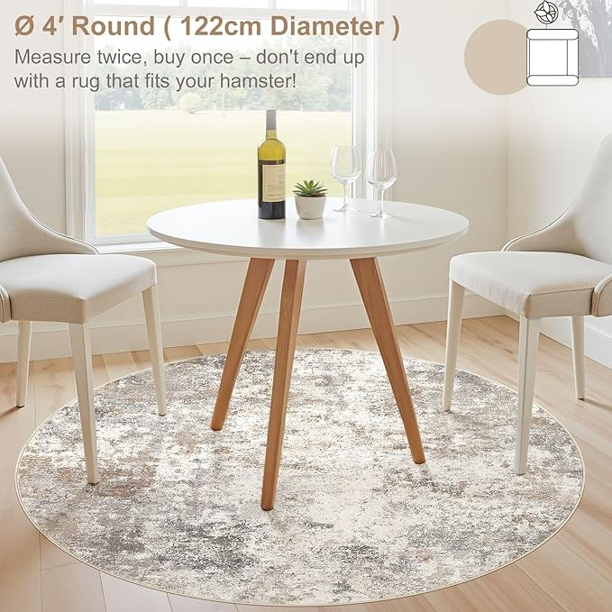 UERMEI 4ft Round Area Rug Living Room Rugs - 4x4 Washable Neutral Modern Abstract Soft Thin Rug Indoor Floor No Slip Rug Carpet for Bedroom Under Dining Table Home Office Decor - Brown Grey