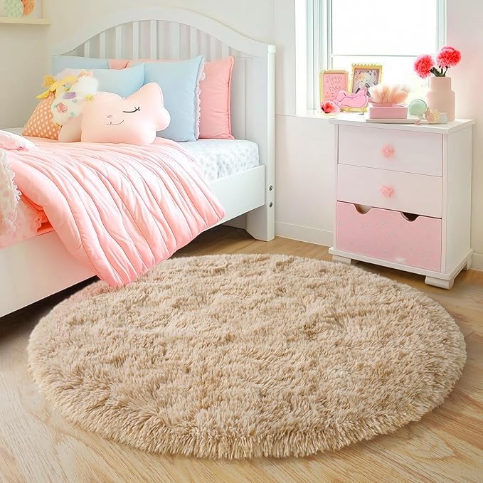 6‘x6’ Beige Round Rug for Bedroom, Ultra Soft Fluffy Circle Rug for Kids Girls Boys Room, Cute Shag Rugs for Living Room Playroom Tent Castle Home Decor Rug