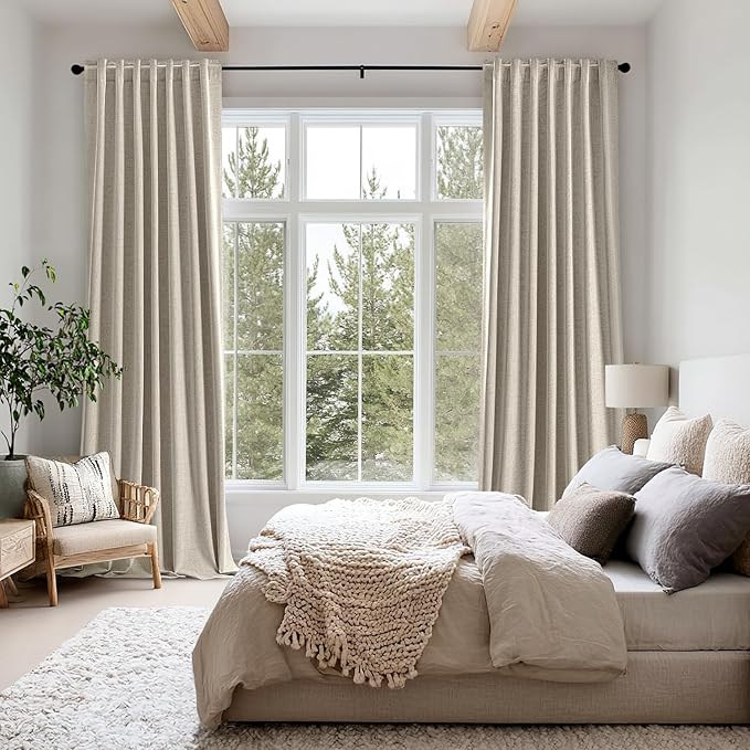 MIULEE 100% Blackout Linen Curtains for Bedroom, Stone Solid Luxury Decor Thermal Insulation Room Darkening Drapes for Living Room Nursery Back Tab Rod Pocket 42 x 90 Inches, 2 Panels