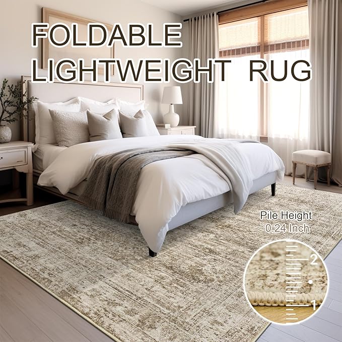 Washable Area Rug 8x10, Large Soft Rugs for Living Room Vintage Area Rugs for Bedroom Dining Room Non-Slip Stain Resistant Brown Under Table Rug