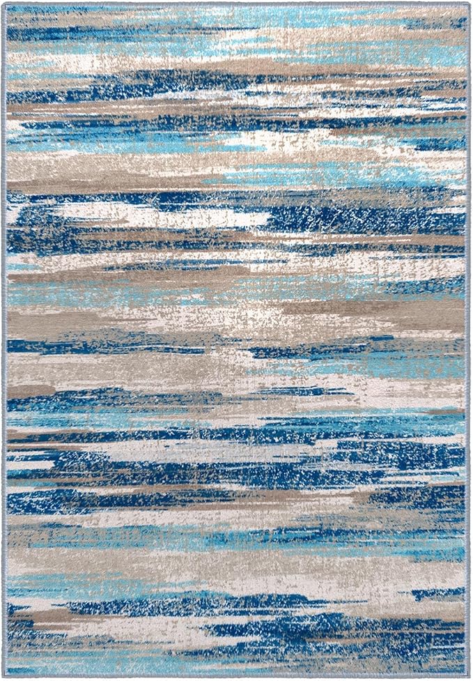 Lansny Modern Abstract 6x9 Machine Washable Living Room Rug Non-Slip Soft Bedroom Area Rug Blue Ultra Thin Print Faux Wool Floor Carpet Throw Rugs for Nursery Playroom Dining Room Indoor Office