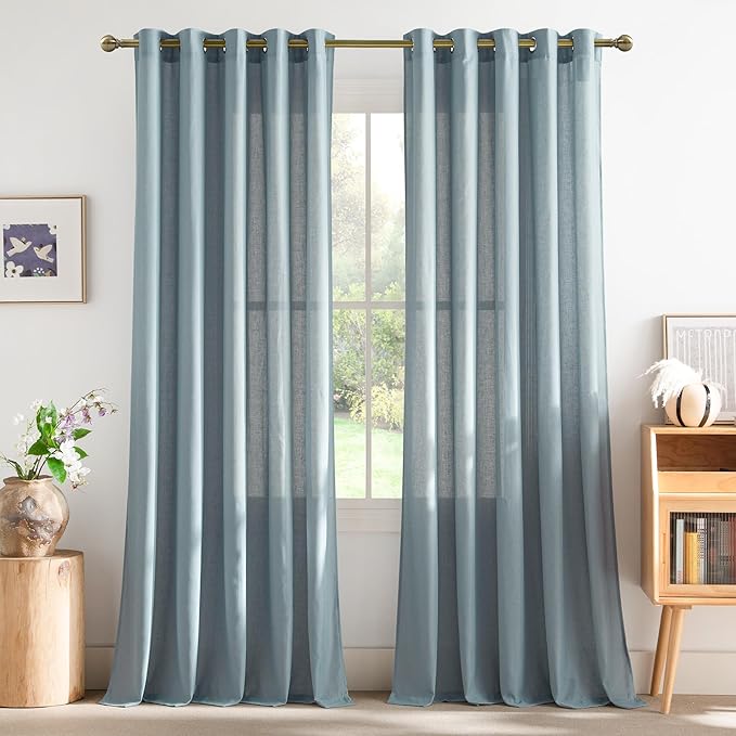 NICETOWN Flax Stone Blue Linen Curtains for Room Divider, Grommet Top Thick Flax Semi Sheer Vertical Drapes Privacy Assured with Light Filtering for Sliding Glass Door, W68 x L96, 2 Pieces
