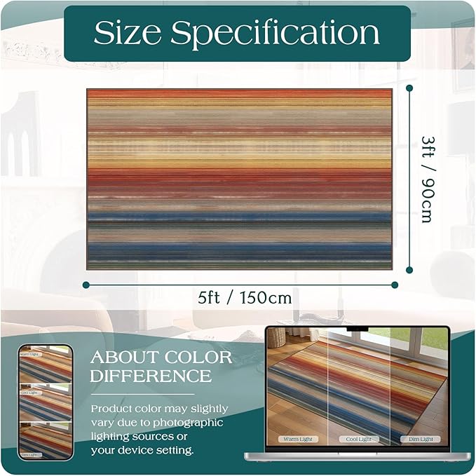 3x5 Ombre Entry Rug - Small Washable Indoor Outdoor Mats for Front Door Non-Slip Porch Rug Rust Blue Modern Rainbow Throw Rugs for Living Room Bedroom Entryway Kitchen Office Porch Decor