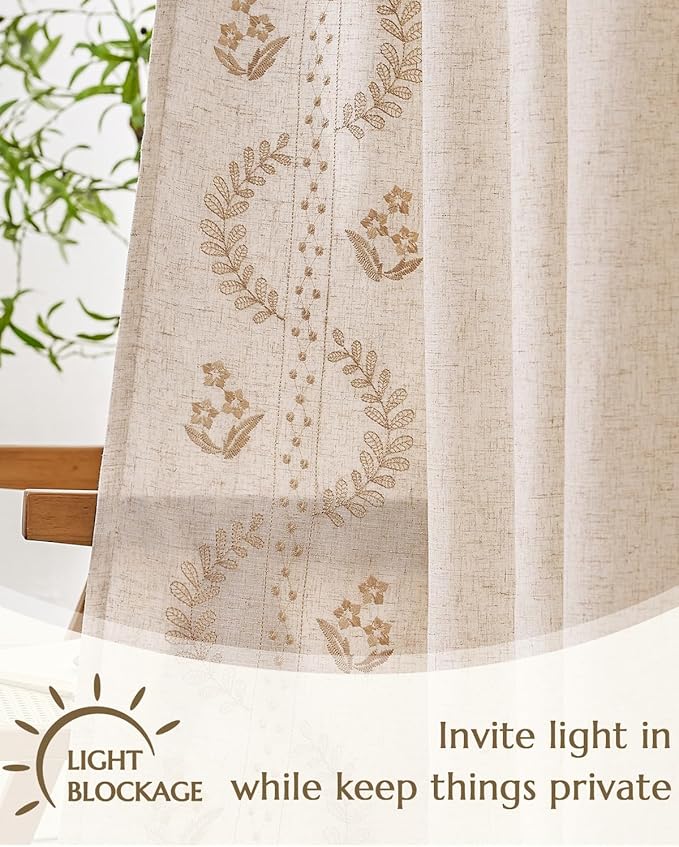 jinchan Belrose Lined Linen Blend Curtains Boho Floral Curtains for Bedroom 84 Inch Length Beige Embroidered Drapes Rod Pocket Farmhouse Flower Drapes for Living Room Window Treatments Set 2 Panels