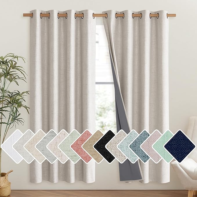 NICETOWN Brich Vintage Open Linen Weave Flax Thermal Curtains, 100% Blackout Curtains 72" Long for Dining Room, Soundproof Window Treatment Drapes for Hall Room, 52" Wide Per Panel, Set of 2