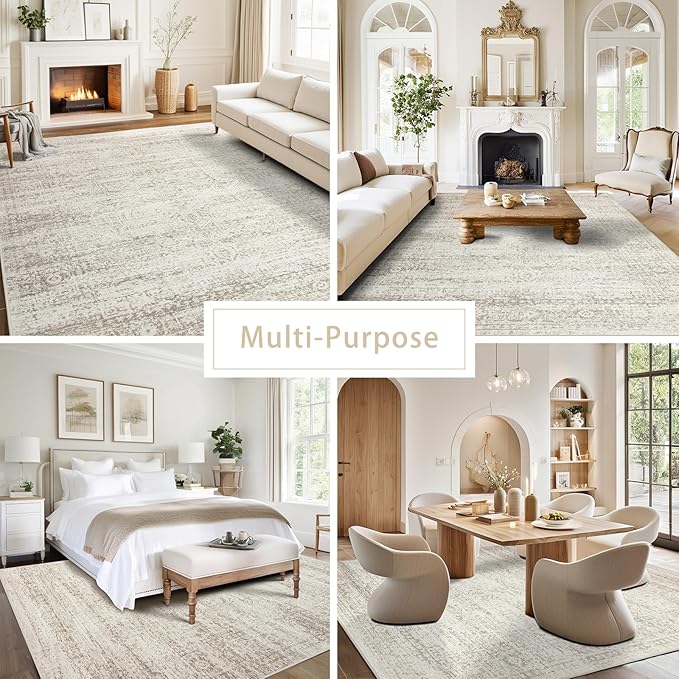 Washable Area Rug for Living, Bedroom & Dining Room, Ultra Soft Faux Wool Retro Large Carpet, Non-Slip/Shedding Low Pile Vintage Print for Home Office Decor, Beige Ivory Cream Brown Camel, 5x7
