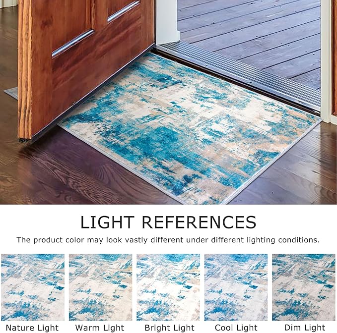 KOZYFLY Small Area Rug 2x3 Rug Entryway Rugs Indoor Non-Slip Modern Abstract Machine Washable Rug, Kitchen Mats for Floor Front Door Rug Low Pile Small Carpet Floor Mats, Turquoise/Beige/Grey/Yellow