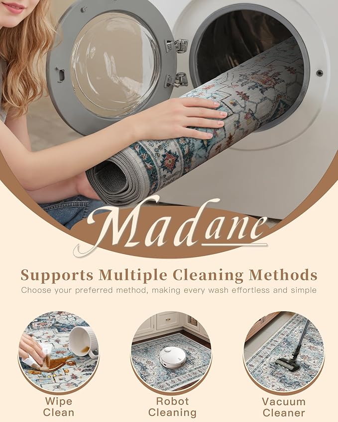 Madane Washable Runner Rug - 2x6 Rug Runners for Hallways 6 Feet Non Slip Vintage Kitchen Runner Rug Ultra-Thin Bathroom Runner Rugs Carpet Laundry Room Bedroom (2x6ft, Blue)