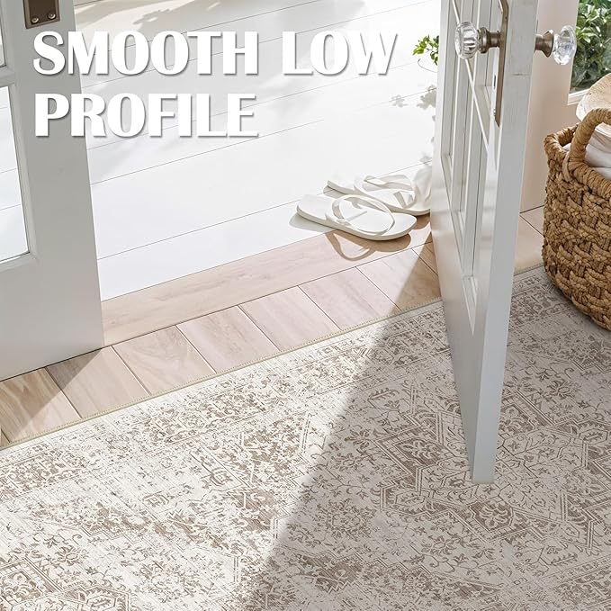 2x8 Washable Hallway Runner Rug - Vintage Kitchen Runners Low Pile Carpet Soft Thin Floor Runner with Rubber Backing for Entryway Living Room Home Decor (Cream/Camel)