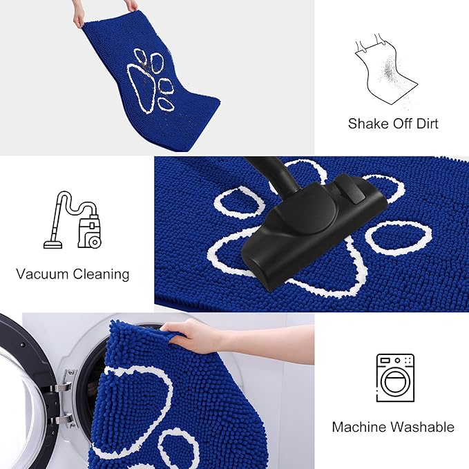 Smiry Dog Door Mat for Muddy Paws, Absorbent Dirt Trapper Non Slip Quick Dry Washable Chenille Mat for Mud Dogs, Entry Rug for Indoor and Outdoor (30x20 Inches, Royal Blue and White)