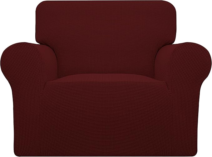 Easy-Going Stretch Chair Sofa Slipcover 1-Piece Couch Sofa Cover Furniture Protector Soft with Elastic Bottom for Kids, Pet. Spandex Jacquard Fabric Small Checks (Chair, Wine)