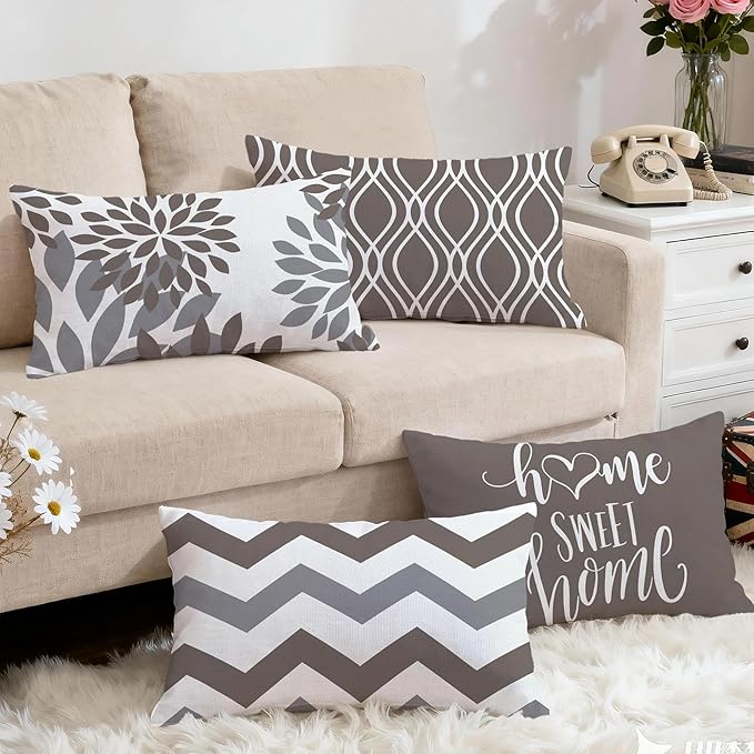 Hexagram Geometric Grey Pillow Covers 12x20 Set of 4, Decorative Outdoor Boho Modern Throw Pillow Covers, Home Sweet Home Farmhouse Cushion Case for Couch Sofa Bedroom Indoor Decor(No Insert)
