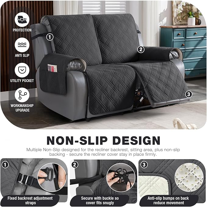 TAOCOCO 100% Waterproof Oversized Loveseat Recliner Cover, Non Slip Split Couch Covers for Reclining Loveseat with Elastic Straps for Kids Pets(Oversized 2 Seater, Charcoal Gray)