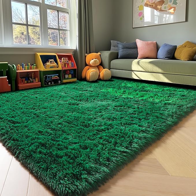ONASAR Dark Green Area Rugs for Living Room Bedroom, 5x8 Fluffy Shaggy Large Rug, Indoor Ultra Soft Plush Floor Carpets for Kids Boys Girls Teen Dorm Nursery Playroom Home Decor Aesthetic