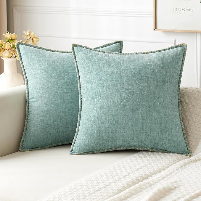 MIULEE Pack of 2 Couch Throw Pillow Covers Farmhouse Decorative Pillow Covers with Stitched Edge Soft Chenille Solid Dyed Pillow Covers for Sofa Bed Living Room 20x20 Inch Aqua Blue