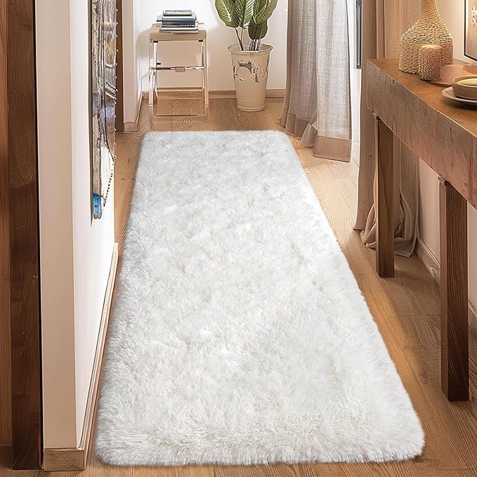 Ultra Soft Runner Rugs for Bedroom Hallways with Upgraded Non-Slip Rubber Backing & Thick Memory Sponge, 2 Packs 2x6 Feet Fluffy Shag Throw Area Rug for Bedside Dorm Cream