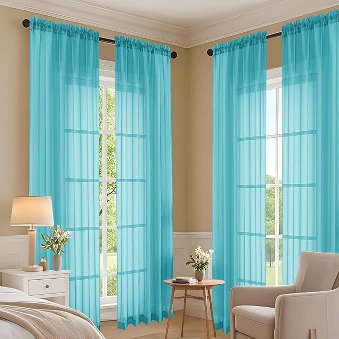 OVZME Turquoise Sheer Curtains 120 Inches Long 2 Panels Set, 59 Inch Extra Wide Soft Airy Lightweight Sheer Curtains for Living Room, Farmhouse Voile Filmy Rod Pocket Drapes, 59Wx120L Inches
