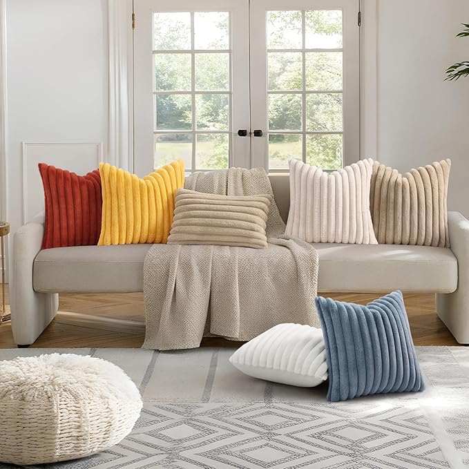 decorUhome Cozy Faux Fur Throw Pillow Covers 24x24 Set of 2 Decorative Soft Plush Striped Modern Farmhouse Boho Couch Euro Sham Pillow Cases with Velvet Back for Sofa Bed Living Room, Grey Blue