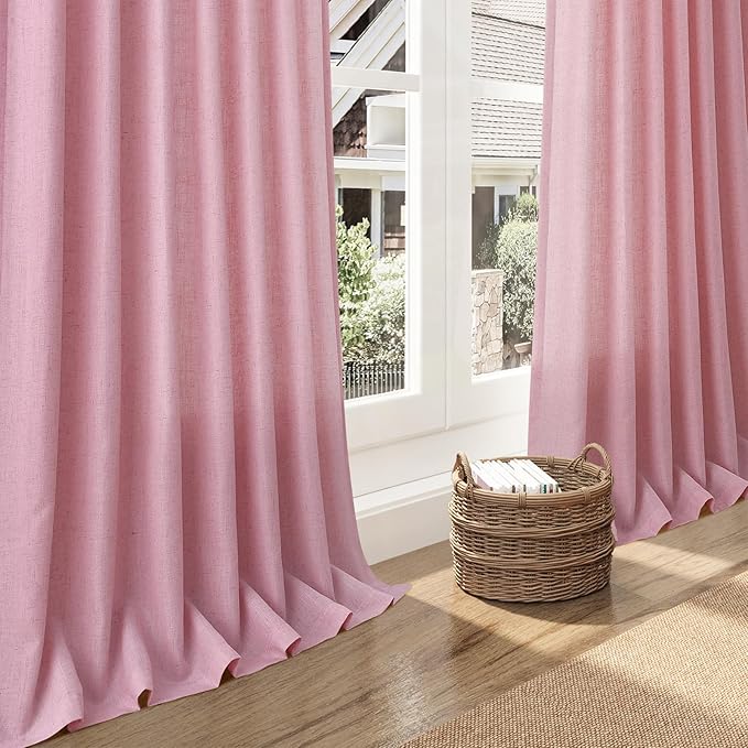 Nanspring Rose Linen Curtains 90 Inch Long 2 Panels Set Back Tab Rod Pocket Semi Sheer Light Filtering Boho Style Neutral Farmhouse Lightweight for Bedroom and Living Room 52x90