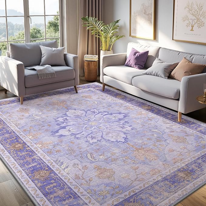 RELEANY Area Rugs 5'x7' Washable Non-Slip, Floral Vintage Distress Print Pattern Medallion Carpet for Living Room Bedroom Dining Room, Light Purple Brown
