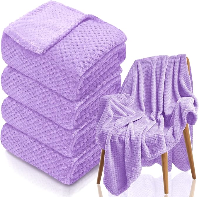 4 Pack Fleece Throw Blankets 50x60 Inches - Oeko-Tex Certified 100, 270 GSM Ultra Soft Plush for Bed, Couch and Cozy Gifts. 3D Waffle Texture, No Shedding No Pilling All Season (Lavender)