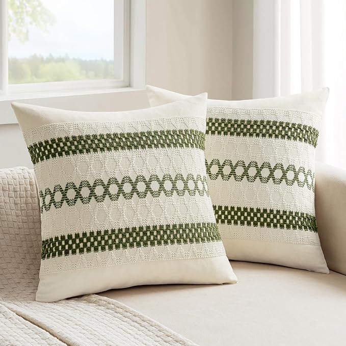 MIULEE Set of 2 Moss Green Boho Decorative Pillow Covers 18x18 Inch Farmhouse Rustic Couch Throw Pillows Modern Summer Cotton Cushion Covers Retro Cute Macrame Woven Spring Decor for Bed Sofa Chair