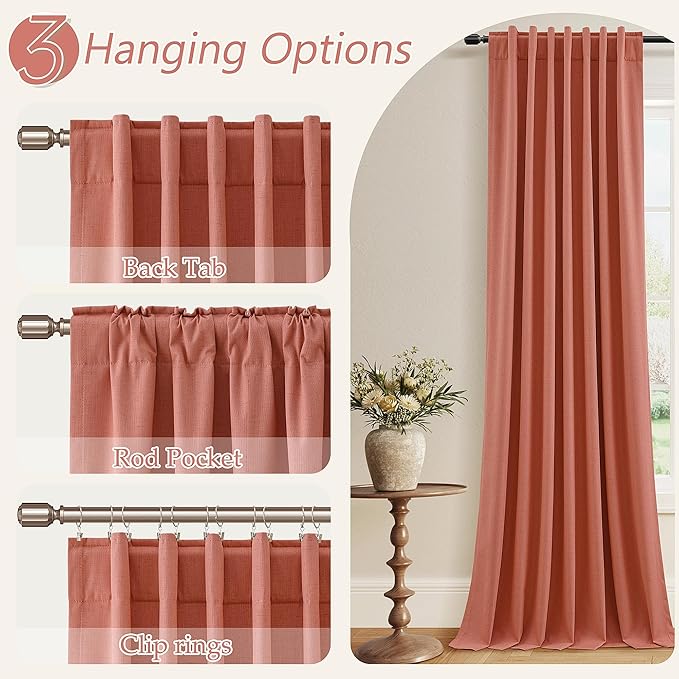 Guken 100% Blackout Curtains 90 Inch Length 2 Panels Set for Living Room Bedroom Back Tab Thermal Insulated Black Out Linen Drapes Room Darkening Coral,52x90