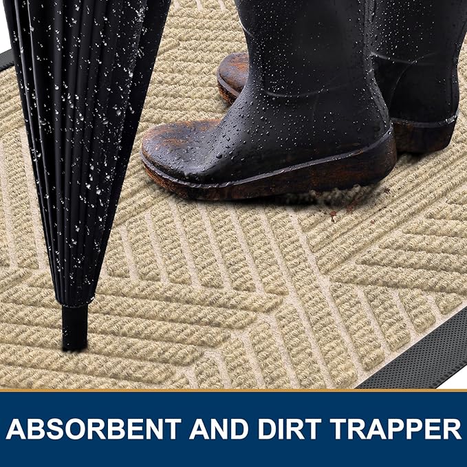 Smiry Front Door Mat Outside Entrance, Heavy Duty Sturdy Natural Rubber Doormat, Trap Dirt and Moisture, Easy Clean Low Profile Mats for Indoor Outdoor Entry, Irregular Triangle (29.5x17, Cream White)