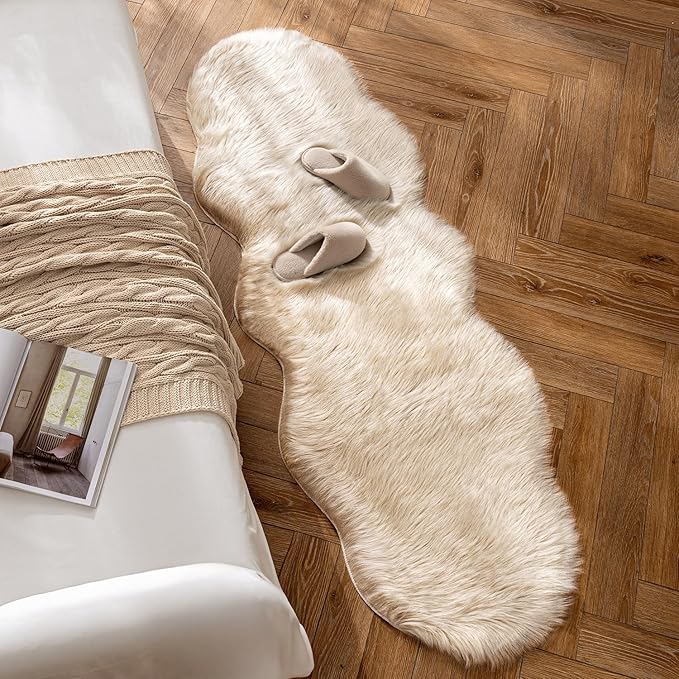 MIULEE Luxury Super Soft Fluffy Area Rug Faux Fur Sheepskin Rug Decorative Plush Shaggy Carpet for Bedside Sofa Floor Nursery 2 x 6 Feet, Beige