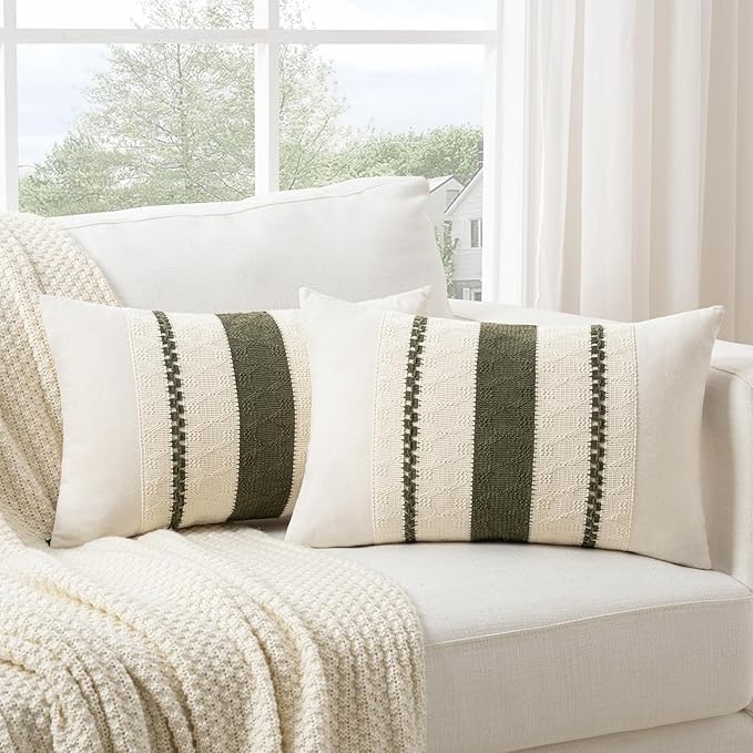 Fancy Homi Set of 1 Boho Olive Green Long Lumbar Decorative Throw Pillow Cover 16x24 Inch for Couch Bed Sofa Chair, Modern Organic Farmhouse Home Decor, Soft Cotton Cute Accent Rectangle Cushion Case