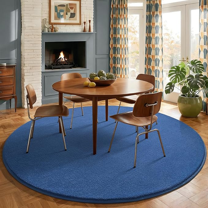 Amearea Blue Round Area Rugs 5ft Washable Circle Rugs for Bedroom Living Room, Fluffy Indoor Thickened Memory Foam Rug, Non Slip Minimalist Circular Carpet for Kids Boys Girls Dorm Nursery Room Decor