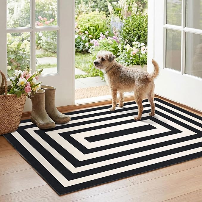 Modern Outdoor Rug - 28" x 43" Front Door Mat Indoor Outside Entrance Non-Slip Washable Outdoor Mat Black White Geometric Rug for Entryway Kitchen Bedroom Layered Doormat for Front Porch