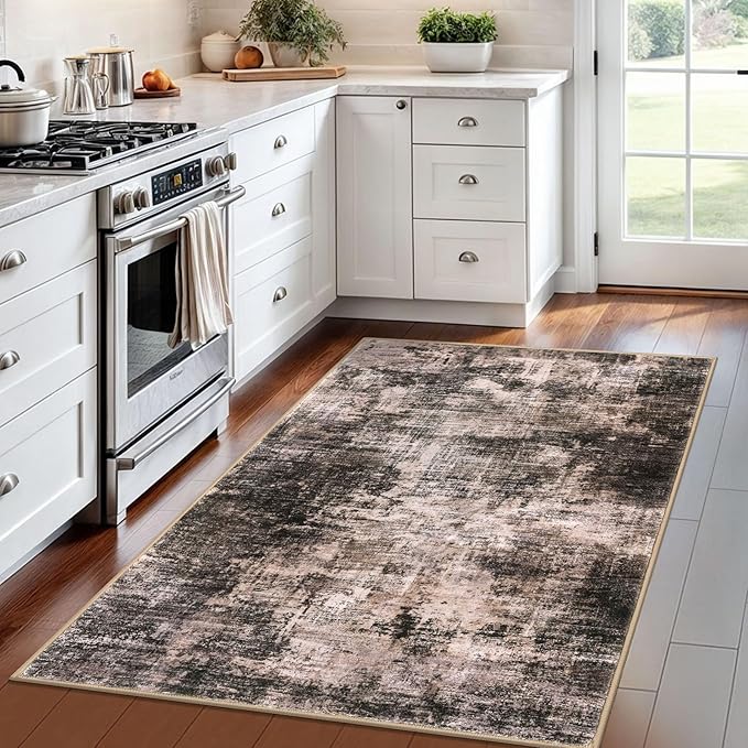 IOHOUZE Abstract Area Rug 4x6 Ft Washable Rugs for Entryway Indoor, Non Slip Small Living Room Rugs Printed Faux Wool Throw Rug, Floor Carpet for Kitchen Nursery Playroom, Brown/Rust