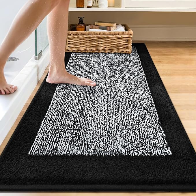 70x24 Long Bathroom Rugs Washable Non Slip, Black Bath Mat for Bathroom Floor Tub, Soft Absorbent Quick Dry Mats for Shower, Bathtub,Home Decor