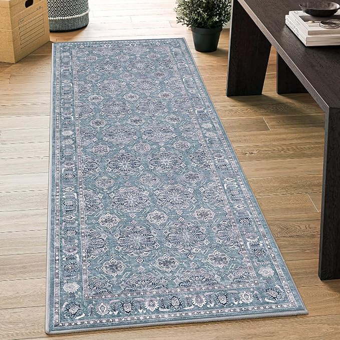 SERISSA Boho Washable Runner Rug, 2x6 Rug Non-Slip Vintage Floral Hallway Kitchen Runner Rug Ultra Soft Print Distressed Blue Grey Floor Carpet for Bedroom Bathroom Laundry Room