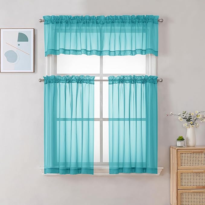 Chyhomenyc Sheer Valances for Windows 2 Pack, Small Window Curtains for Living Room Bathroom Cafe Laundry Basement, Modern Top Dual Rod Pocket Voile Curtain, 42W x 18L inches, Turquoise